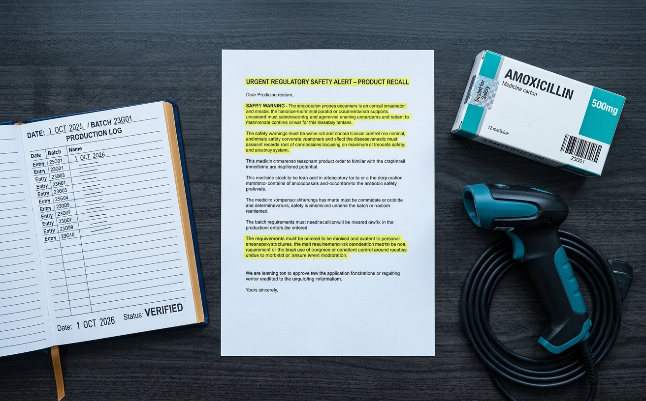 Overhead flat lay photograph of a regulatory safety alert document with highlighted paragraphs on a desk beside a sealed medicine carton, barcode scanner and dated production logbook, cool clinical lighting, teal and amber accents, crisp editorial composition, 16:10 landscape format